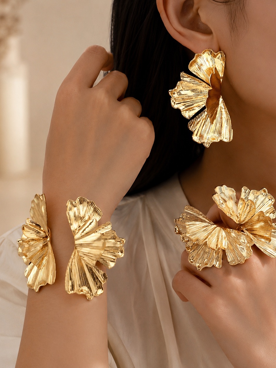 Gold Floral Statement Earrings And Bracelet Set 5 Pcs- Women's Jewelry